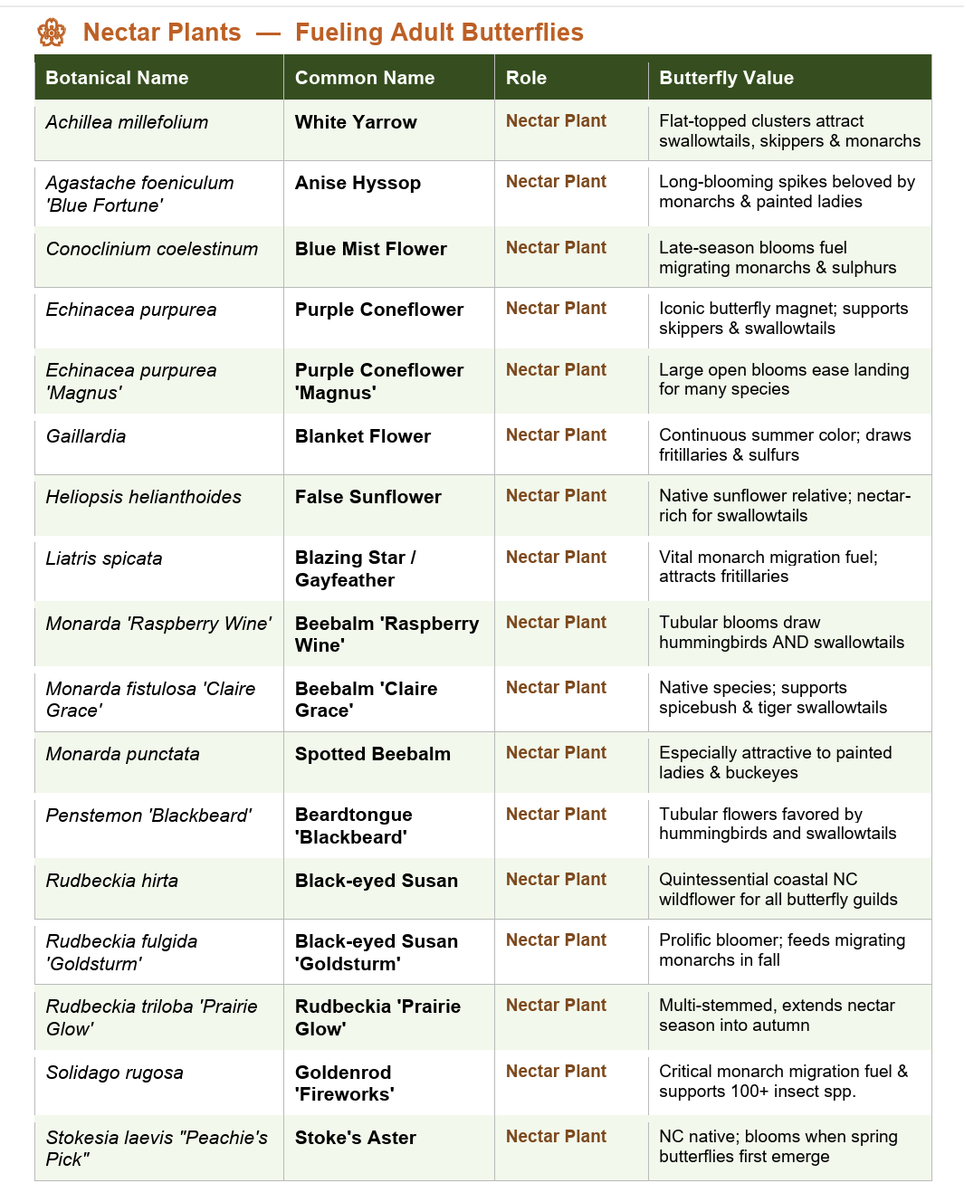 Picture of a list of plants that are Nectar Plants