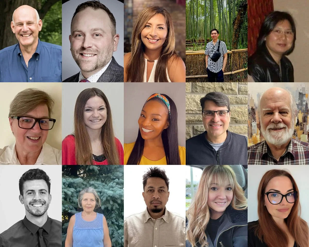 Collage of 15 diverse people, including men and women of various ages, backgrounds, and appearances, in different settings such as outdoors and indoors, smiling at the camera.