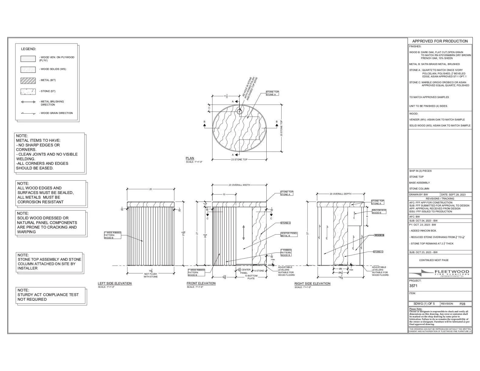 Architectural drawing of a stone column with top, elevation views, and specifications for construction.
