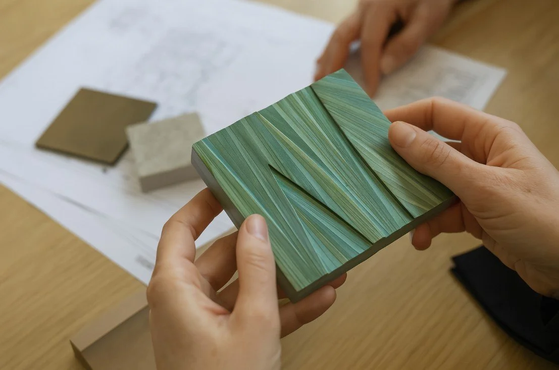 Person holding a green-colored sample board with a leaf pattern, with other material samples and papers on a wooden table in the background.
