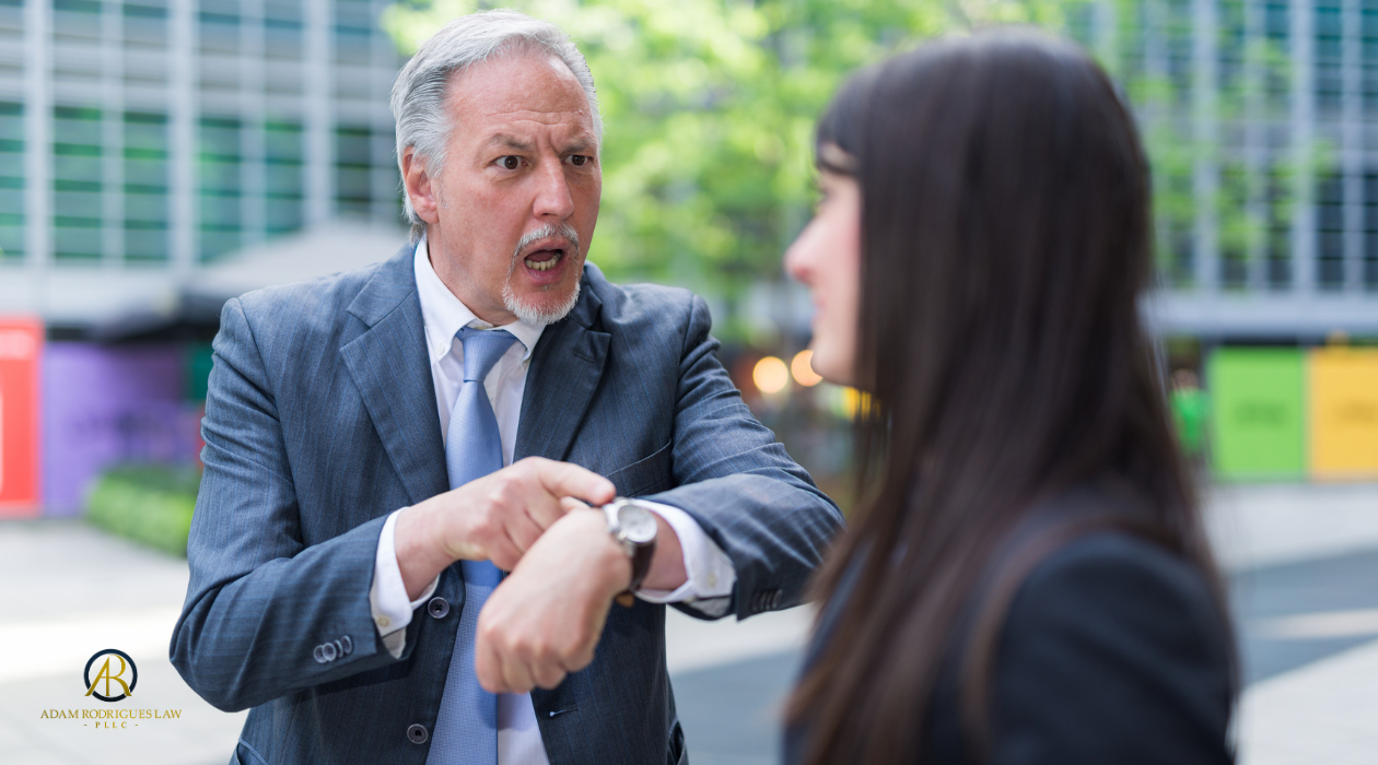 mean boss yelling at his employee for being late and overall demanding