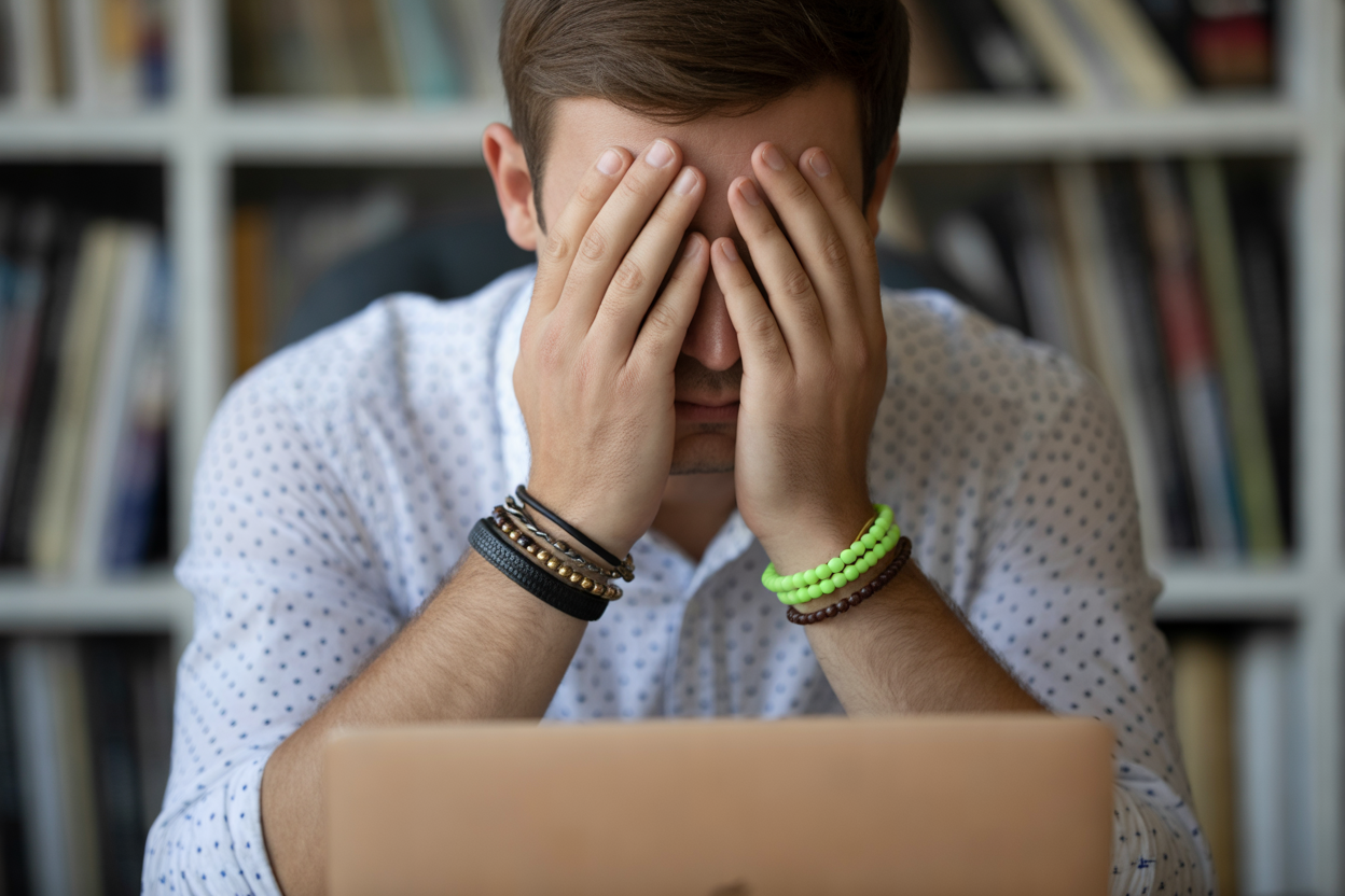 Frustrated Tennessee employee with his head in his hands at his desk, illustrating a former client's costly delay from not documenting workplace harassment emails.