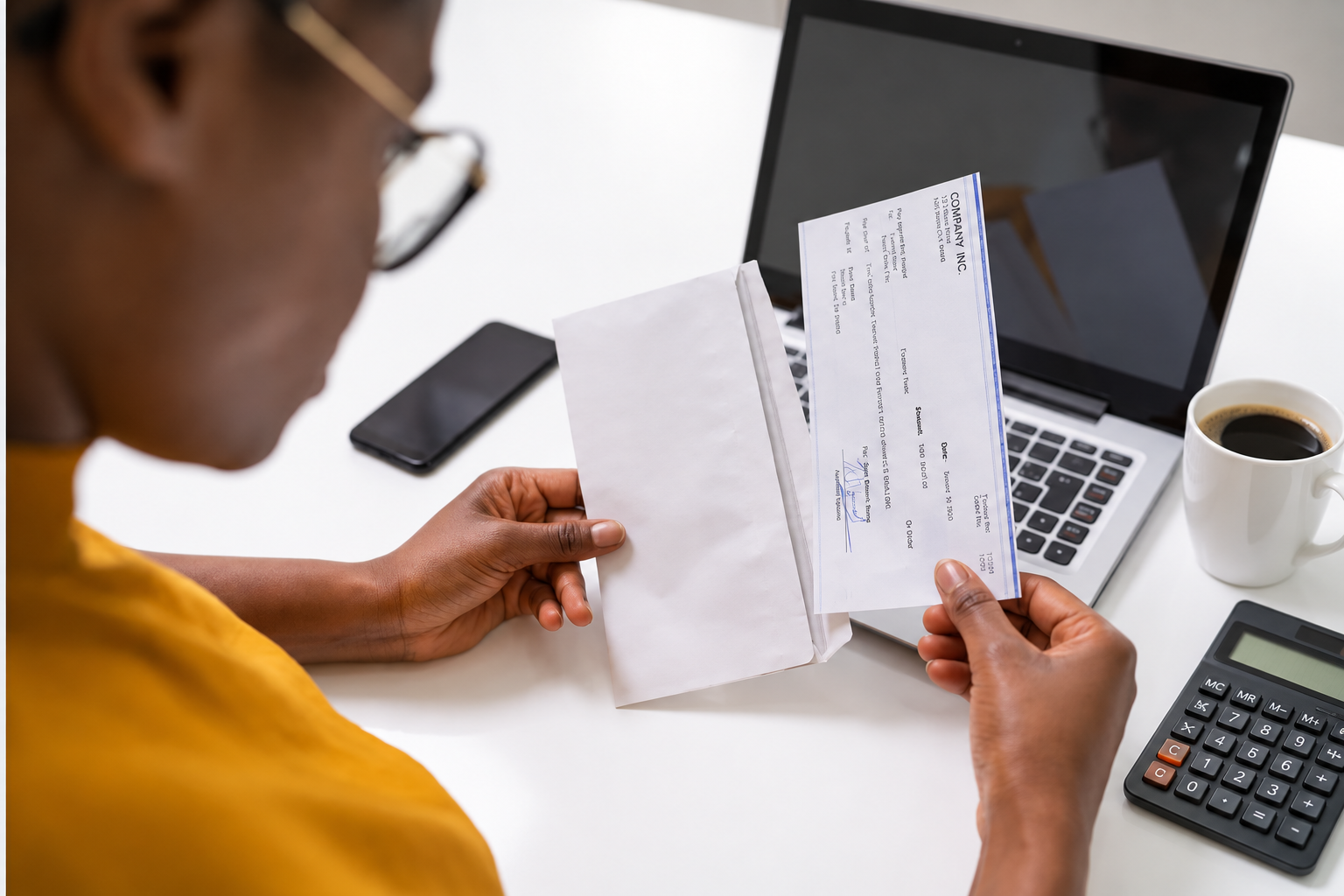 Person reviewing a check at a desk with a laptop, calculator, smartphone, and coffee while addressing a wage dispute over unpaid or incorrect compensation.