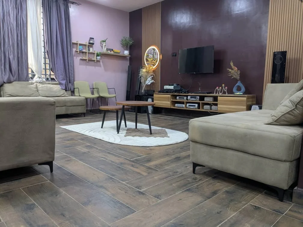 Photograph of housing living room with couches and television.