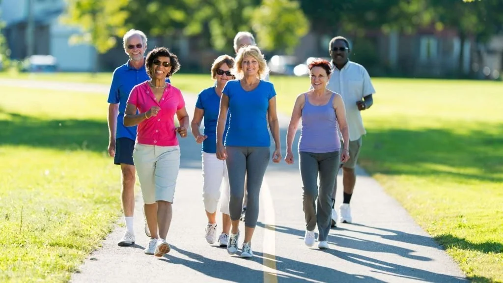 Group of seven older adults walking together on a sunny park trail, smiling and enjoying outdoor activity.