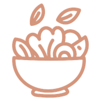 Illustration of a bowl filled with cereal or snacks, with three almond-like nuts or leaves behind it.