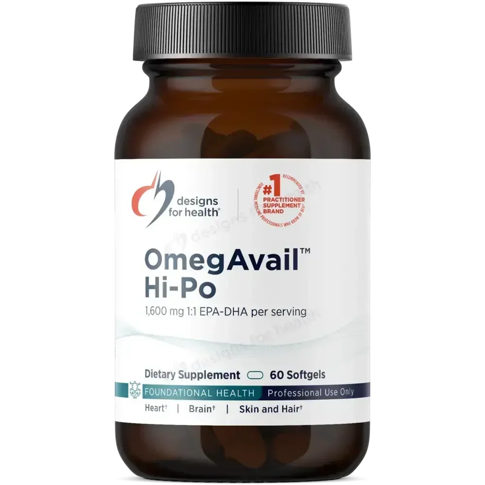 Designs for Health OmegAvail Hi-Po high-potency omega-3 fish oil, bottle of 60 softgels