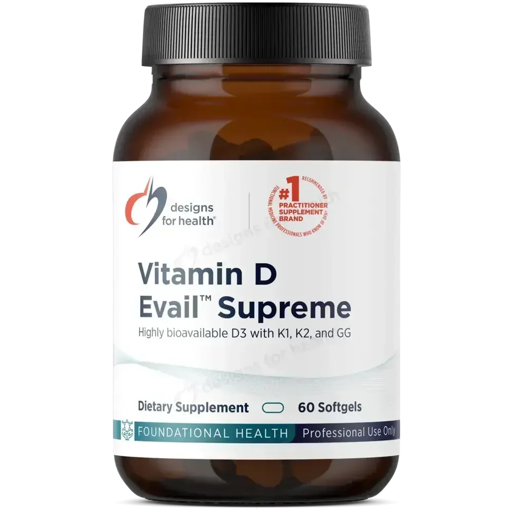 Designs for Health Vitamin D Evail Supreme with K1, K2, and A, bottle of 60 softgels