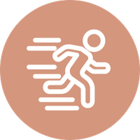 Icon of a running person with motion lines on a pink circular background.