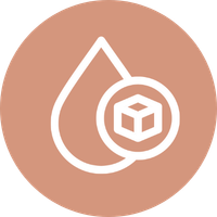 Icon of a water droplet with a cube inside, on a tan circular background.
