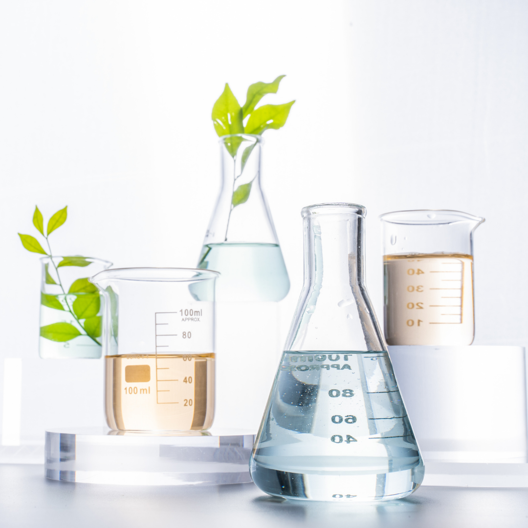 Laboratory beakers with natural plant representing blend of science and holistic healing