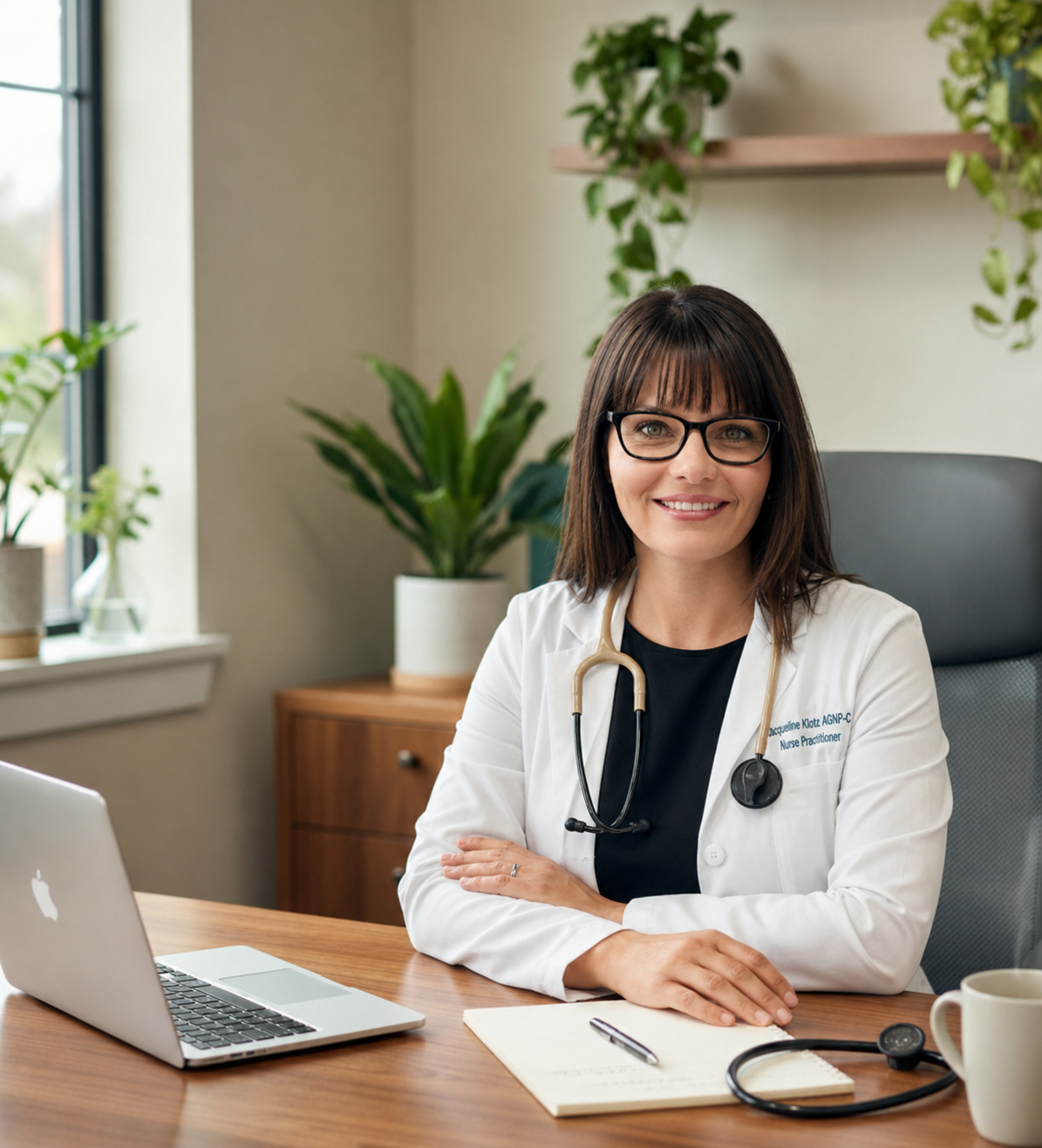 Jacqueline Klotz, nurse practitioner at Alkemi Functional Wellness, seated at her desk with a laptop in a plant-filled office, ready for consultations