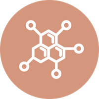 A chemical structure diagram with a central hexagon and surrounding atoms on a light brown circular background.