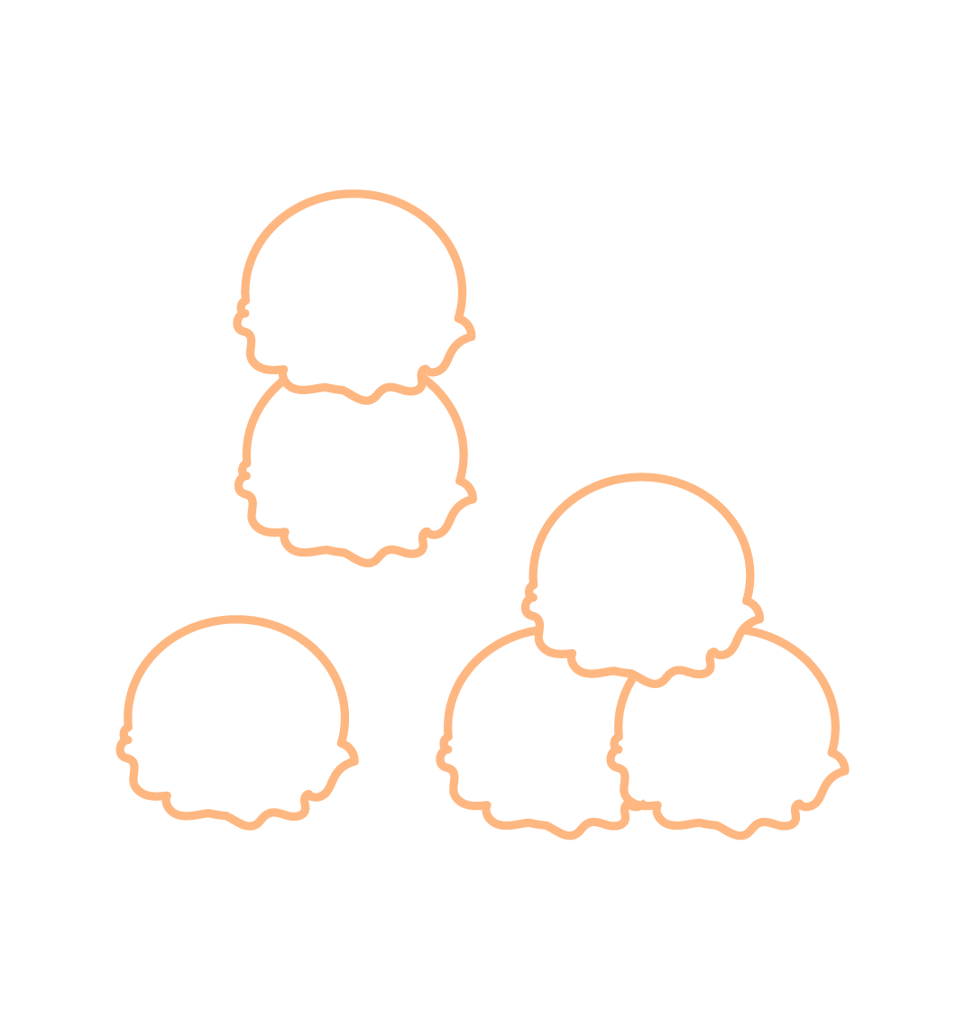 Peu de biscuits en forme de tête de bébé avec un contour orange sur un fond noir.