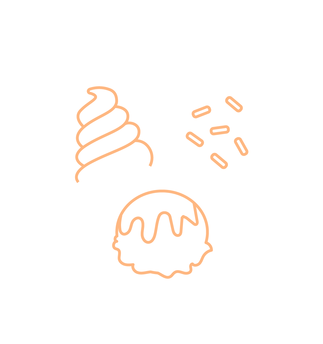 Illustration de trois desserts : une glace en cornet, des capsules de médicaments, et une boule de glace avec du sirop