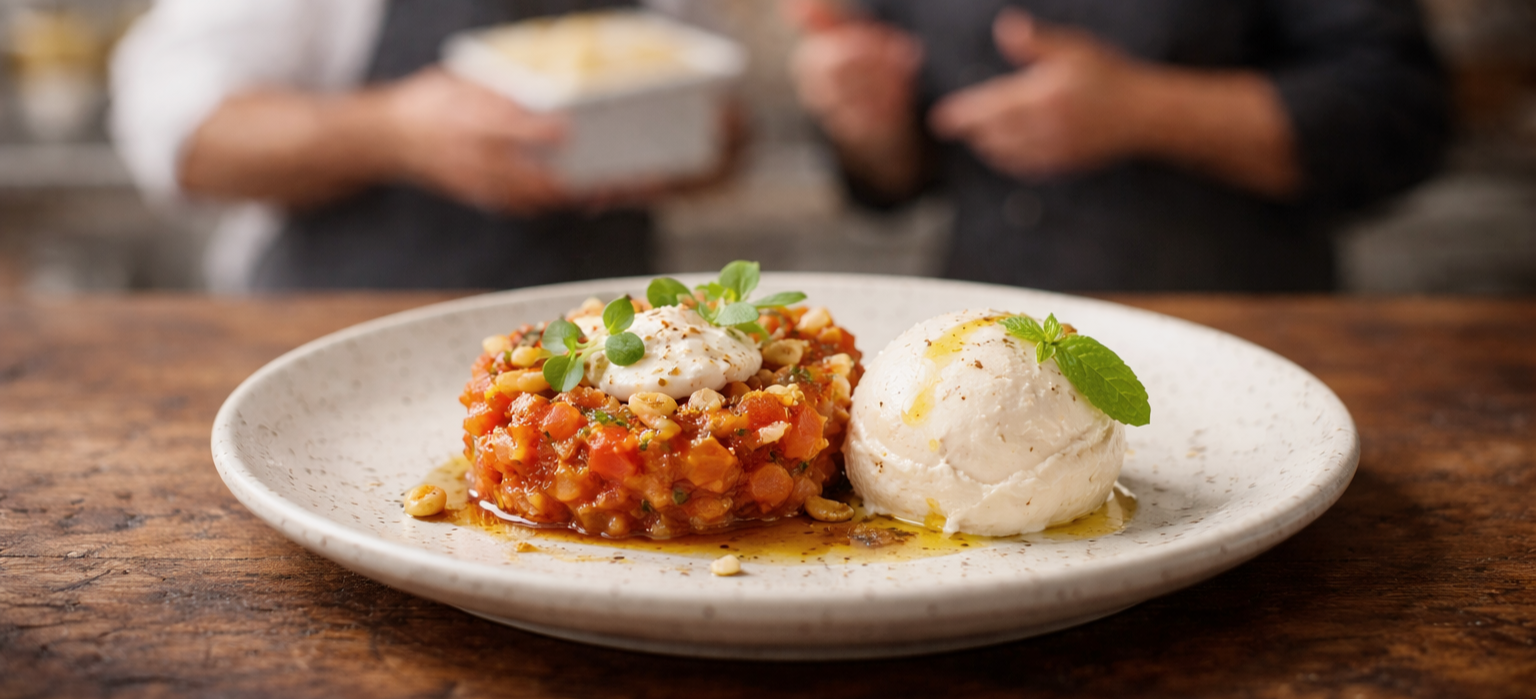 Assiette avec un tartare de légumes garni de crème et de graines, servie avec une boule de glace à la vanille décorée d'une feuille de menthe, sur une table en bois, avec deux personnes floues en arrière-plan.