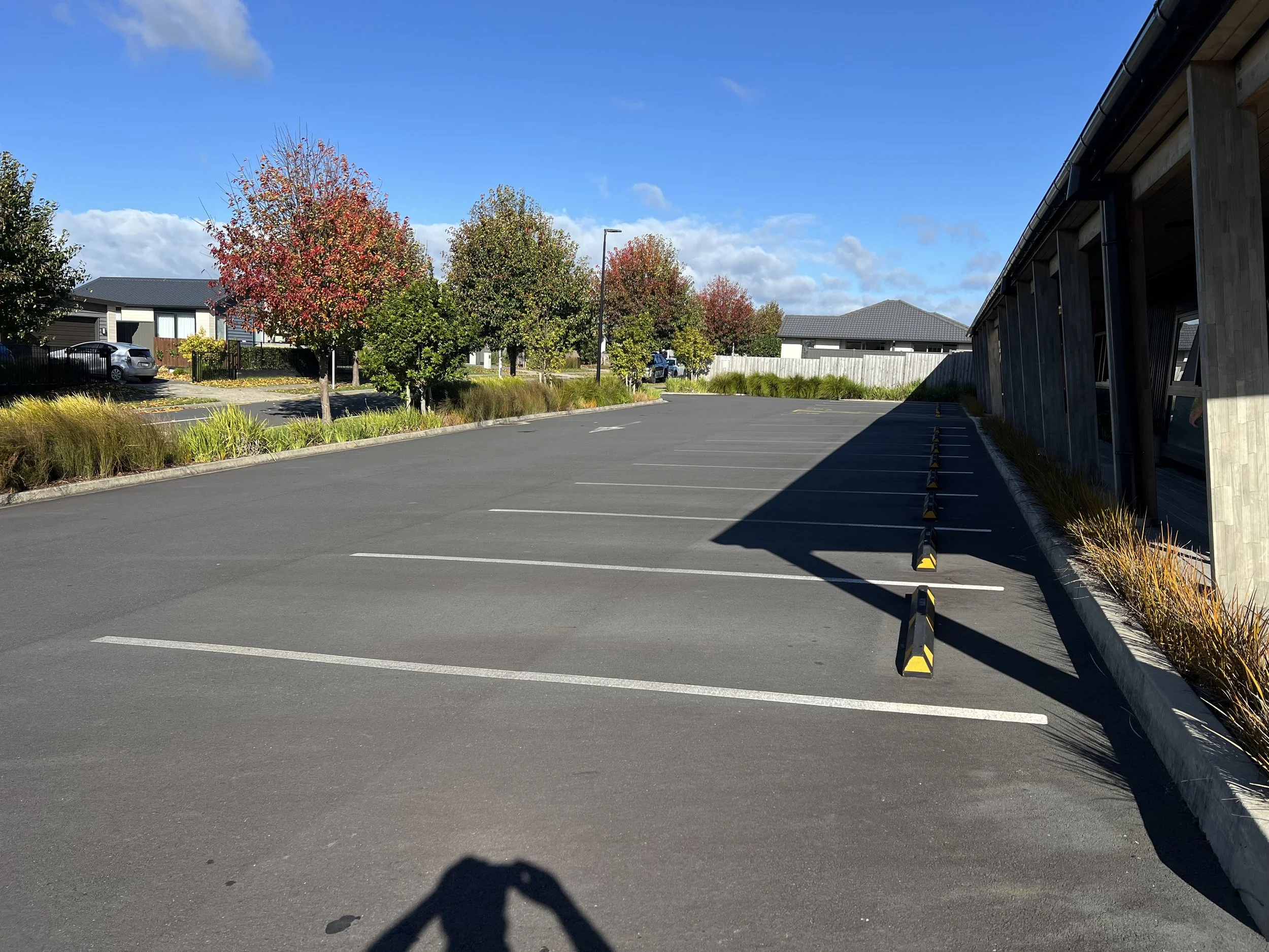 Empty parking lot with marked spaces, trees with fall foliage, and a wooden building on the right side under a blue sky.