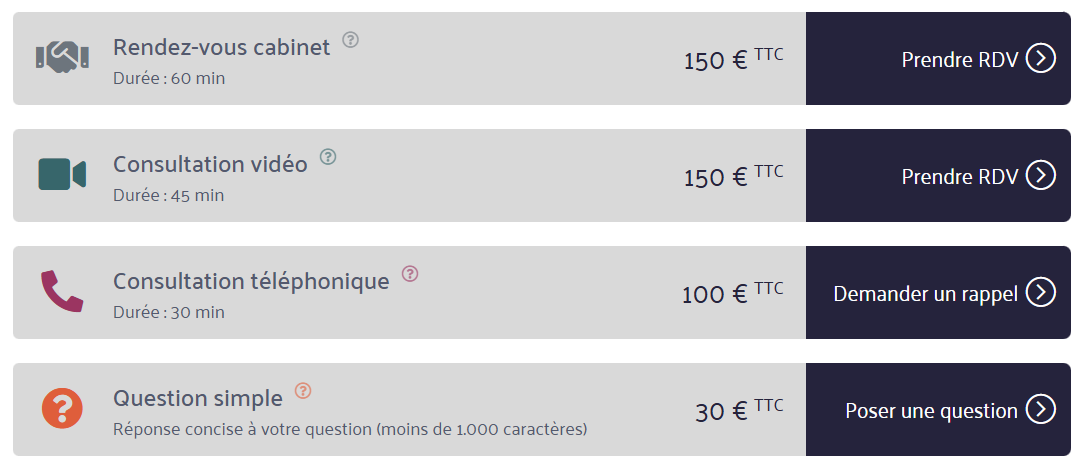 Liste de services médicales avec tarifs et options de prise de rendez-vous, consultation vidéo, téléphonique et questions simples.
