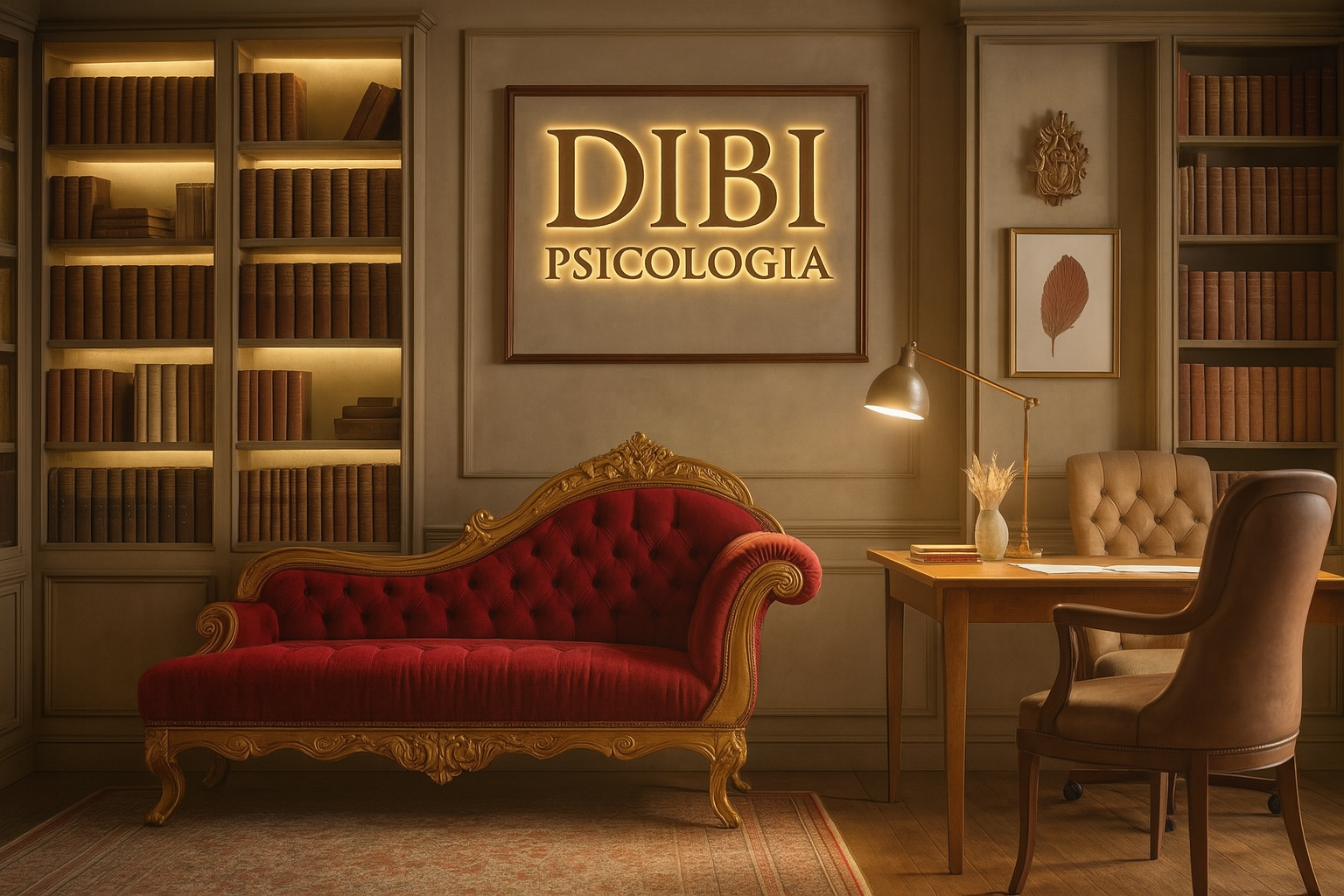 Sala de atendimento de psicologia com estante de livros, sofá vermelho antigo, mesa de madeira com cadeiras, luminária de mesa e decoração suave.