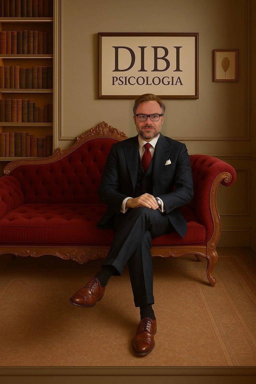 Homem de terno sentado em um sofá vermelho em um escritório de psicologia, com uma placa que diz 'DIBI PSICOLOGIA' na parede atrás dele.