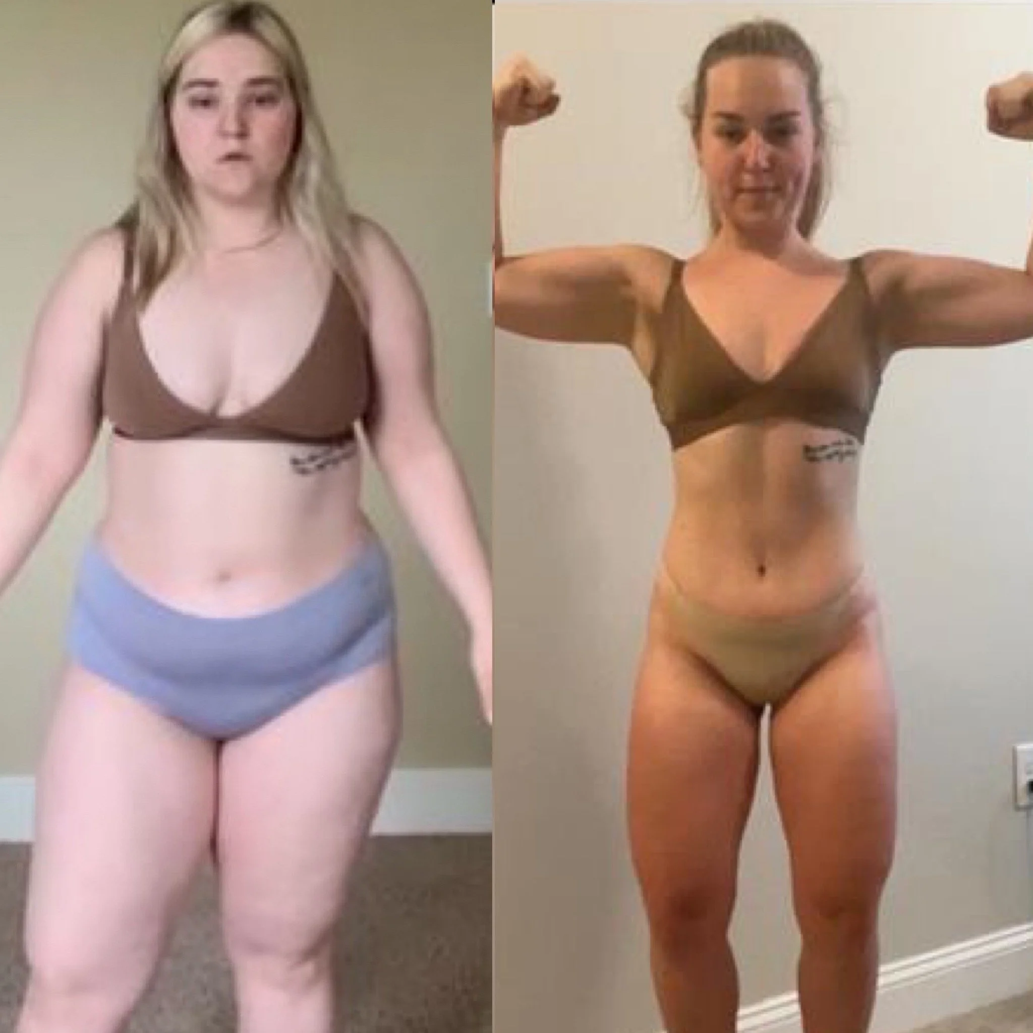 Side-by-side comparison of a woman before and after fitness transformation, wearing a brown sports bra and different underwear, showing shifts in muscle tone and body composition.