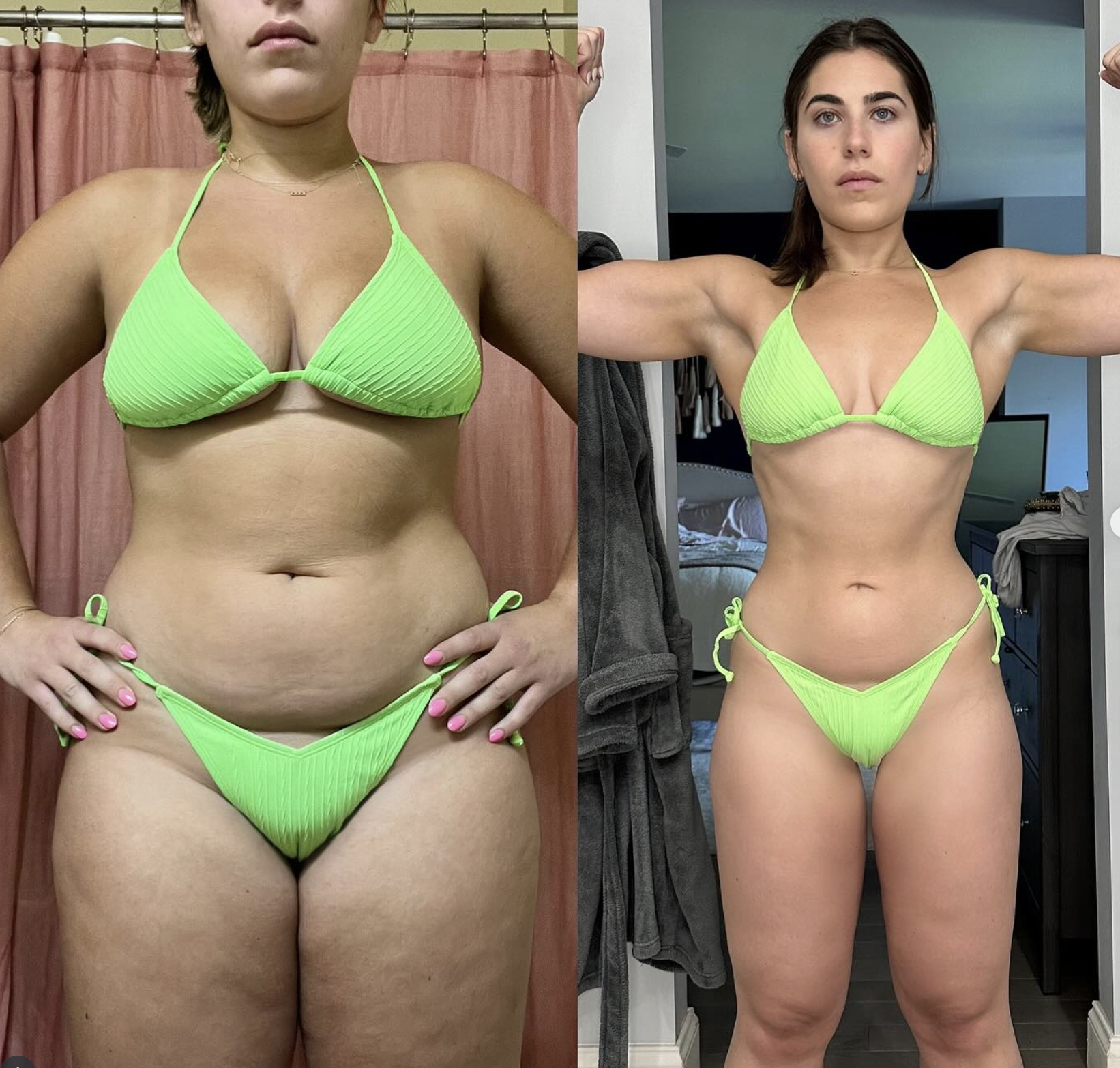 Side-by-side comparison of two women in matching neon green bikini, one before and one after body transformation, showing weight loss and muscle definition.