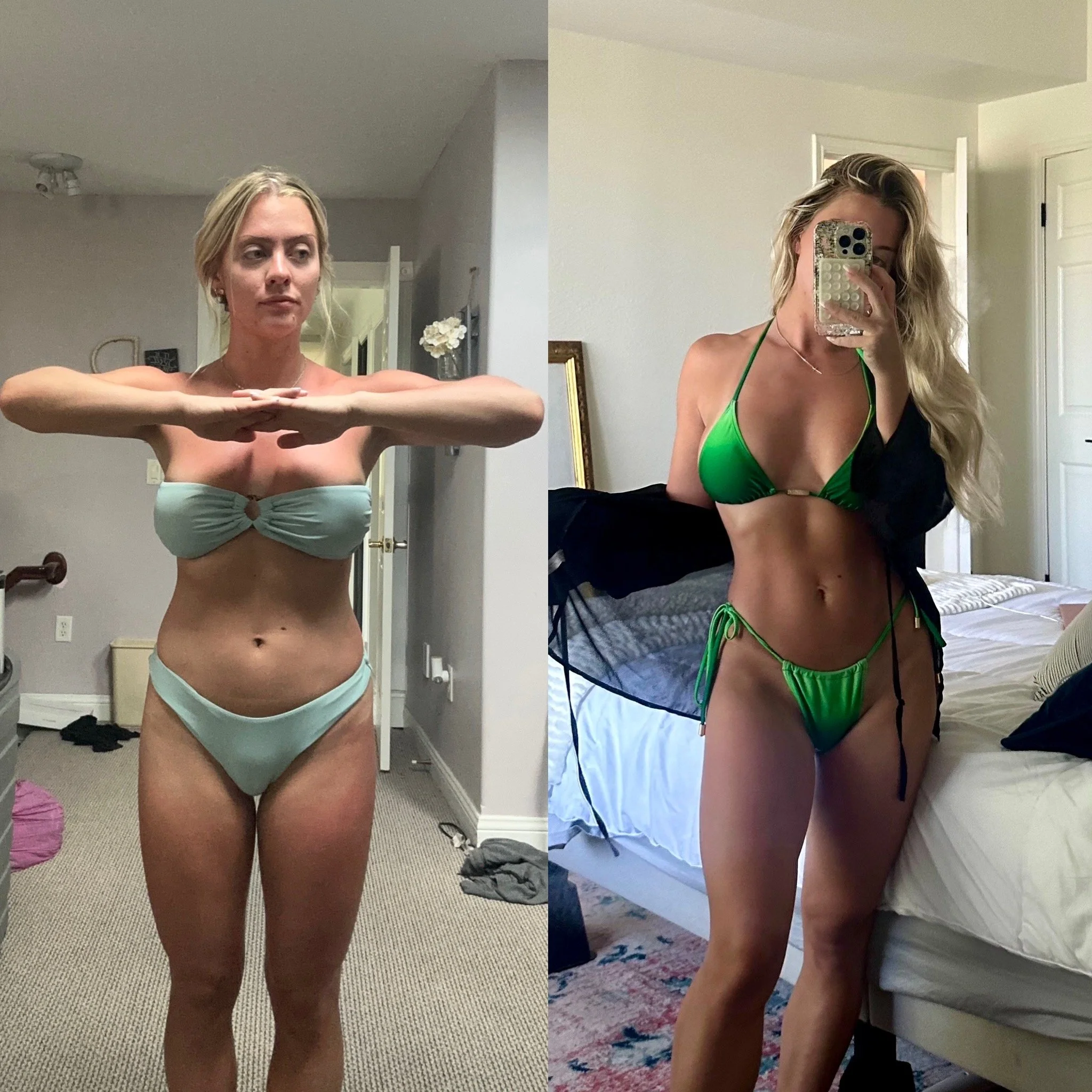 Comparison of two women taking mirror selfies; the woman on the left wears a light-colored bikini with her arms extended forward, and the woman on the right wears a green bikini with her hand holding a phone to take a mirror selfie.
