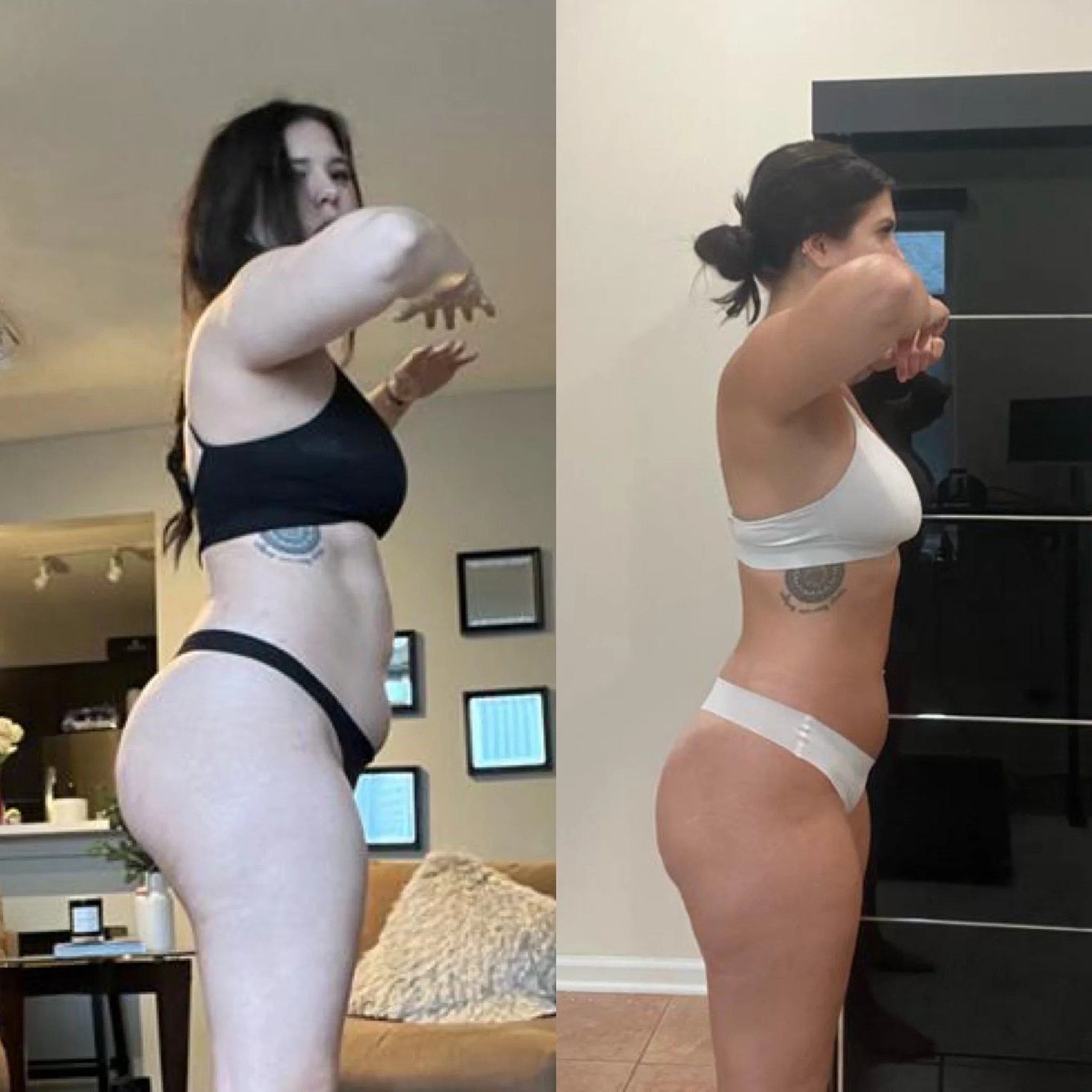 Side-by-side comparison photo of a woman before and after a body transformation, showing weight loss and muscle toning.