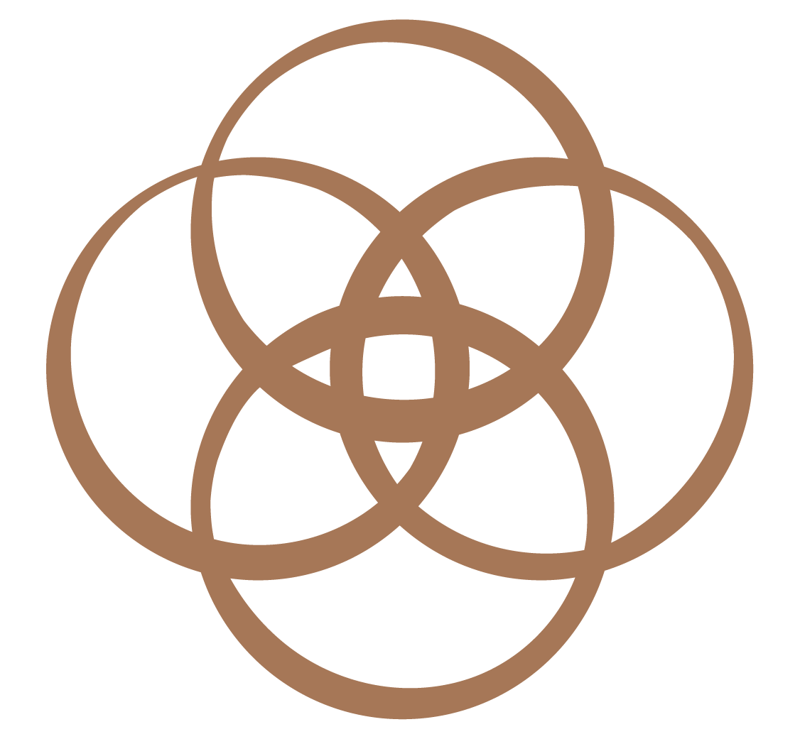 A geometric design composed of interlocking brown circles forming a symmetrical pattern against a black background.