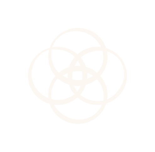 A white geometric pattern of interlocking circles on a black background.