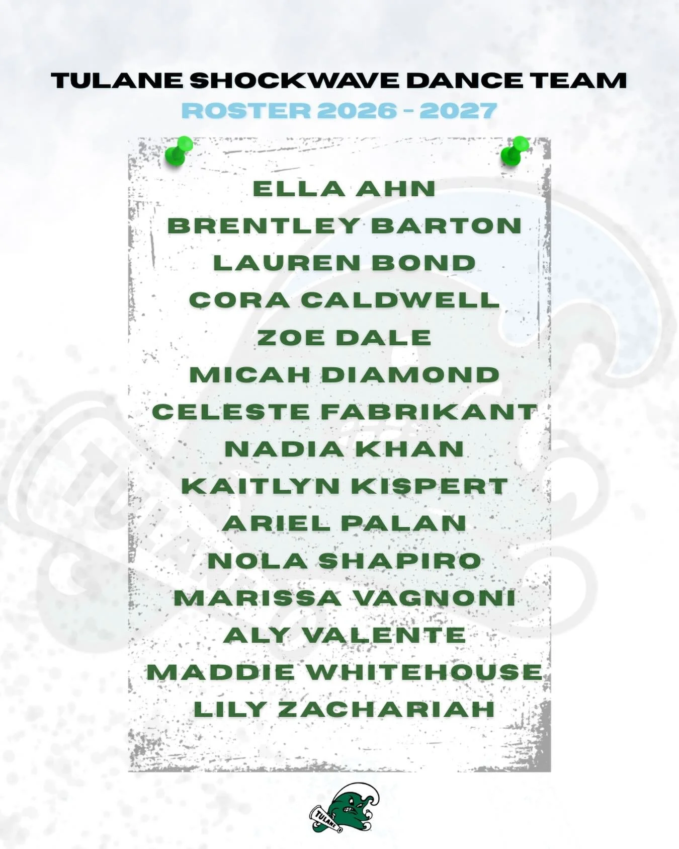 We are excited to announce the official roster for Tulane Shockwave Dance Team 2026-2027! Roll wave 💚🌊
