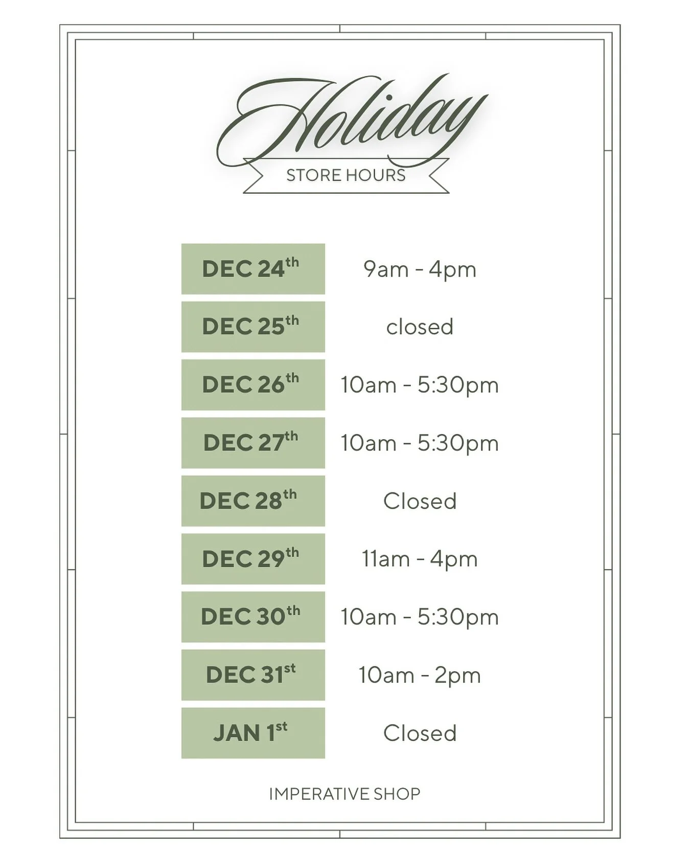 Holiday hours are here! ✨
Our last Sunday open will be December 21st, we&rsquo;ll bring Sunday hours back in the spring.
We&rsquo;ll be closing early on Christmas Eve &amp; New Year&rsquo;s Eve, and we&rsquo;ll be closed on Christmas Day &amp; New Ye