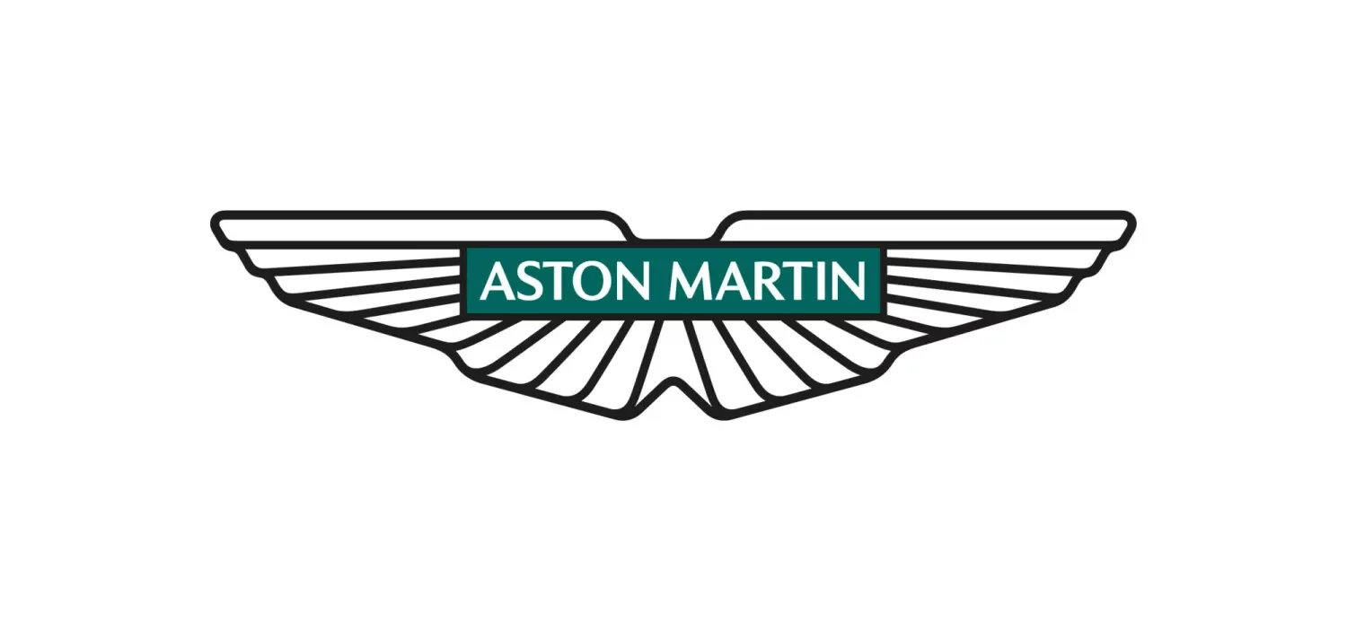 A logo featuring stylized black wings with a teal rectangle in the center containing the white text "Aston Martin".