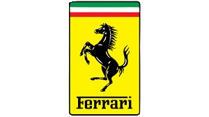 Ferrari logo featuring a black prancing horse on a yellow background with green, white, and red stripes and the word 'Ferrari' at the bottom.