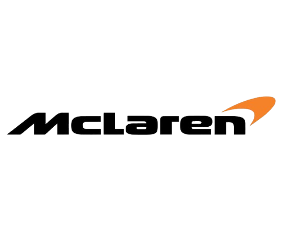 McLaren logo with black text and an orange swoosh above the letter 'n'