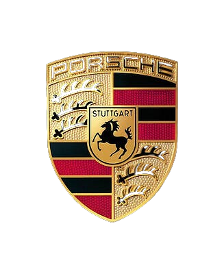 Porsche emblem with black, gold, and red colors and a black horse in the center.