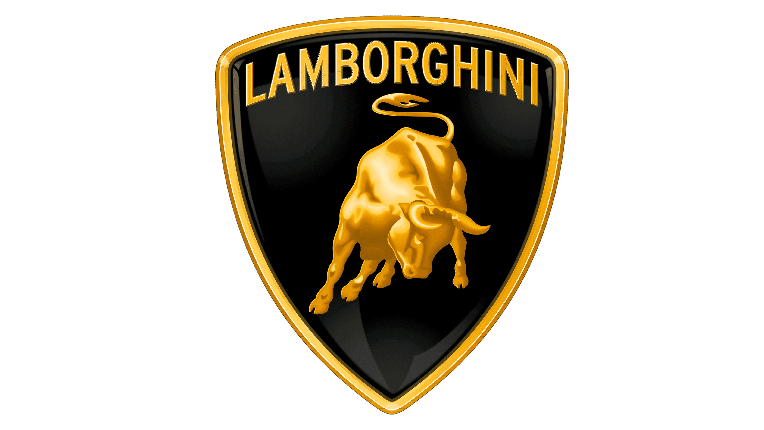 Lamborghini logo featuring a gold bull on a black shield background with a gold border