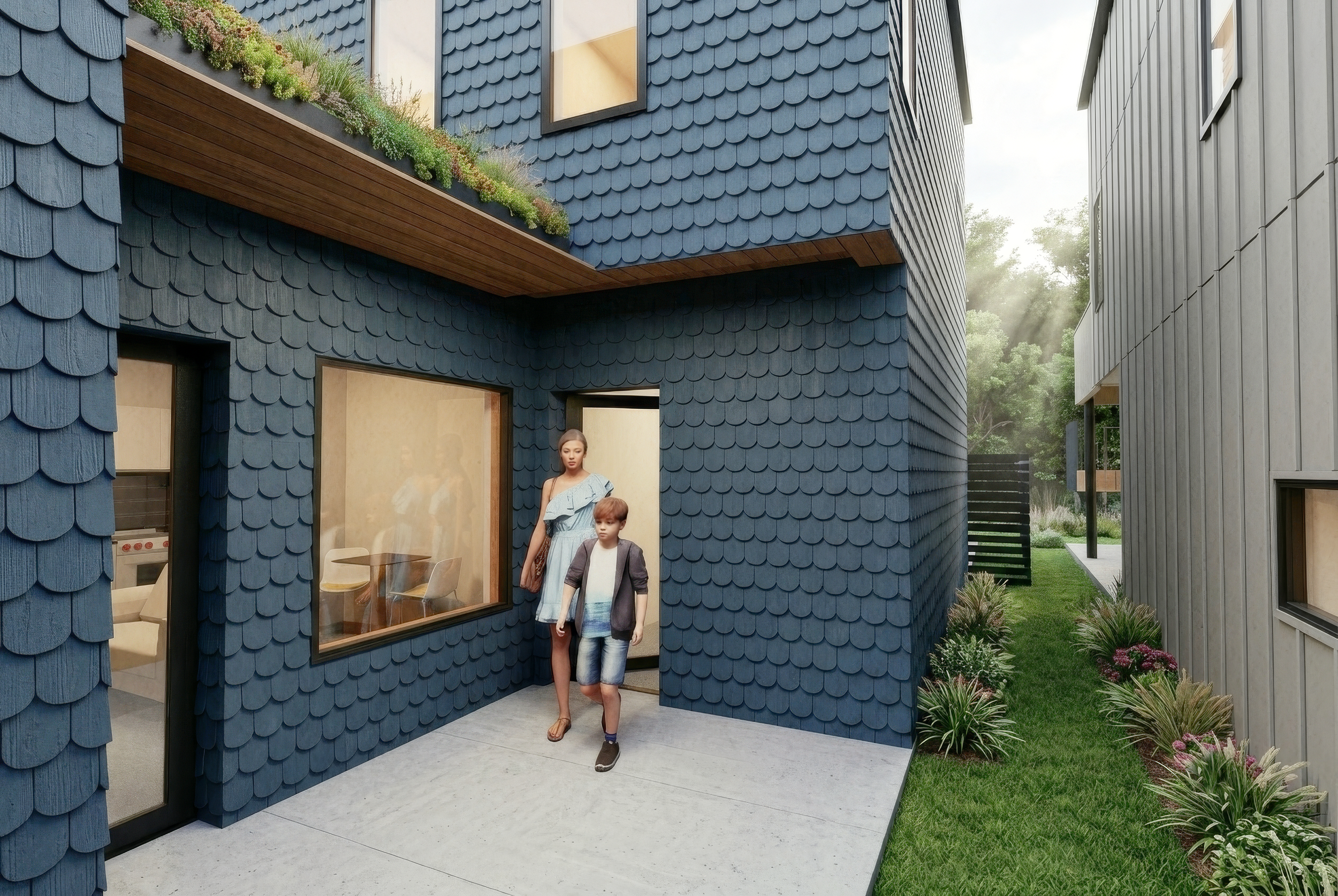 A residential entry sequence in a modern multigenerational single-family house with an ADU