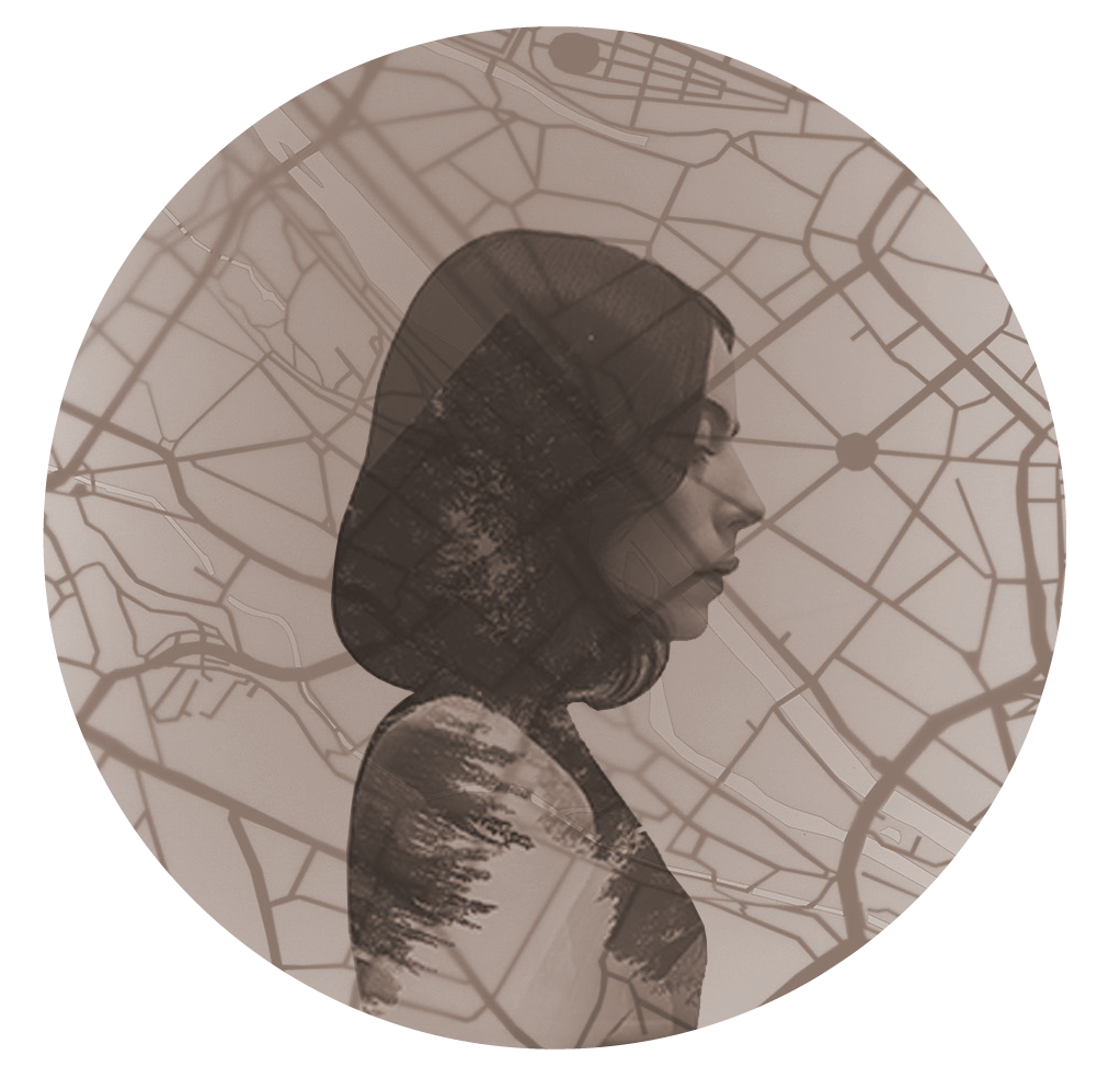 A woman with shoulder-length hair in profile, overlaid with a map of city streets, creating a double exposure effect.