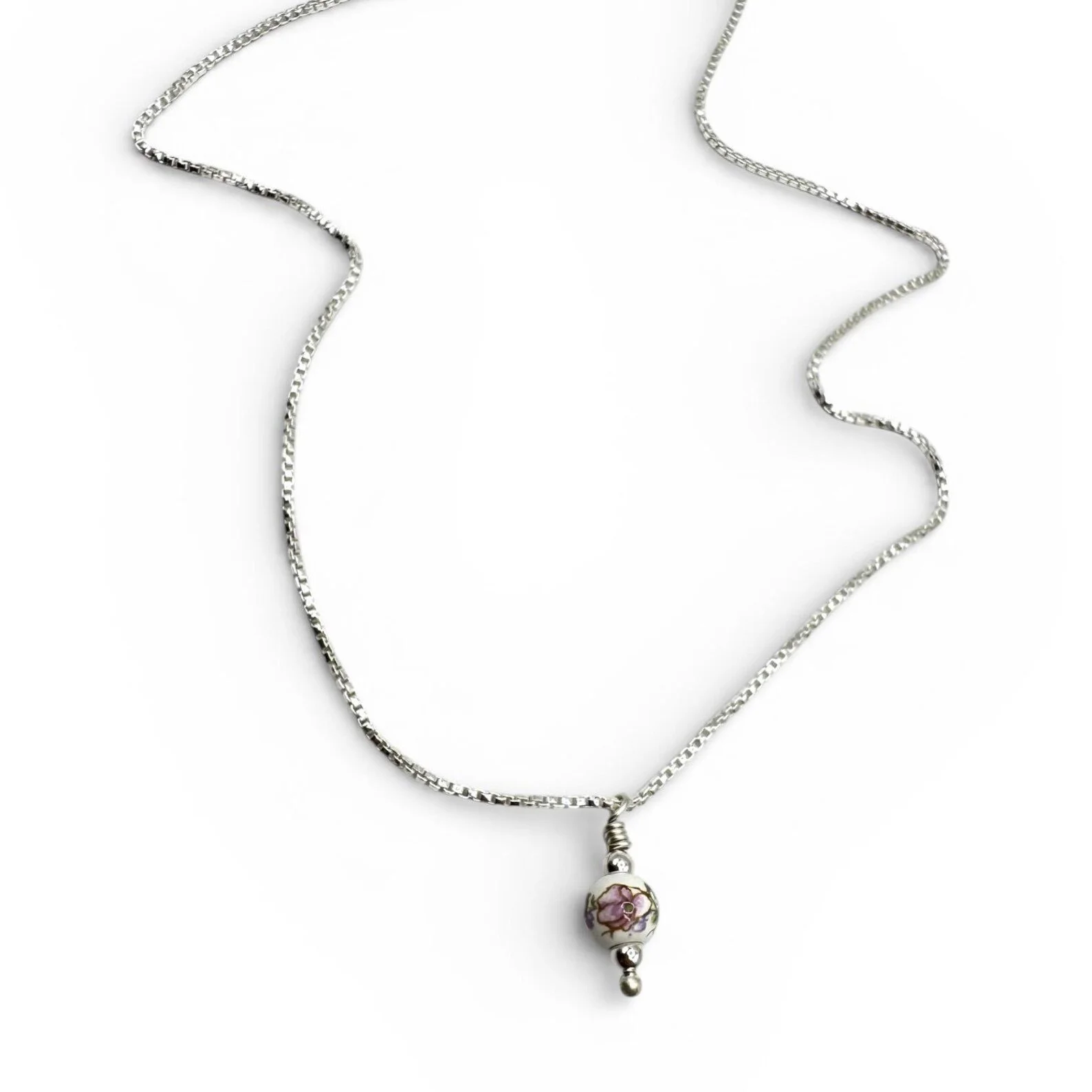 Silver Necklace with Porcelain Floral Pendant