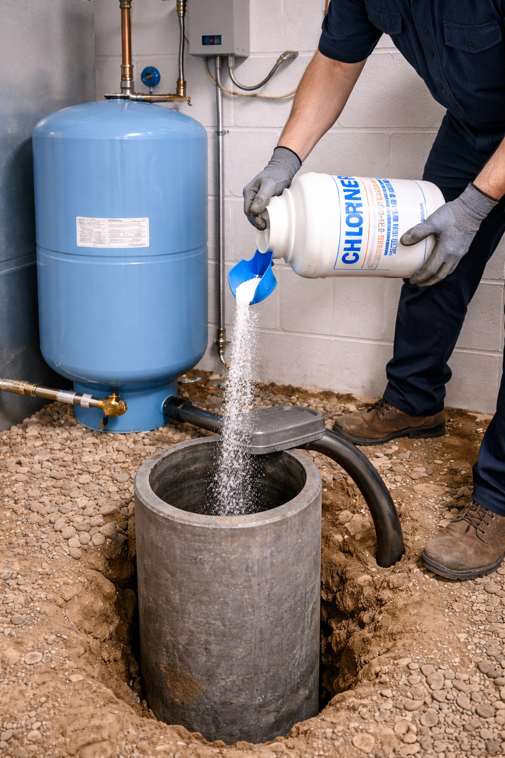 Worker pouring chlorine tablets into a well or sump for water treatment.