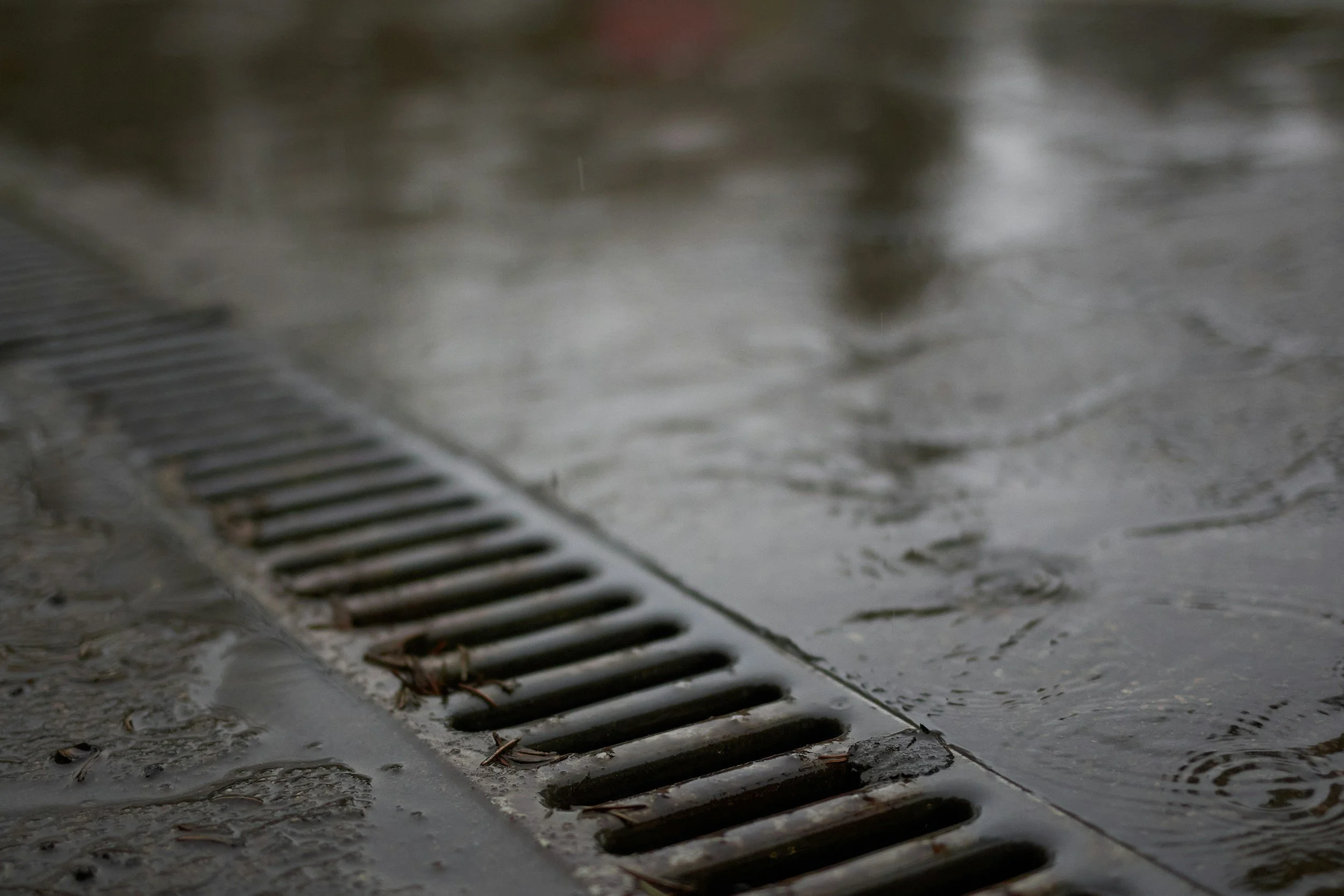 Close-up of a metal storm drain on a wet street during rain.