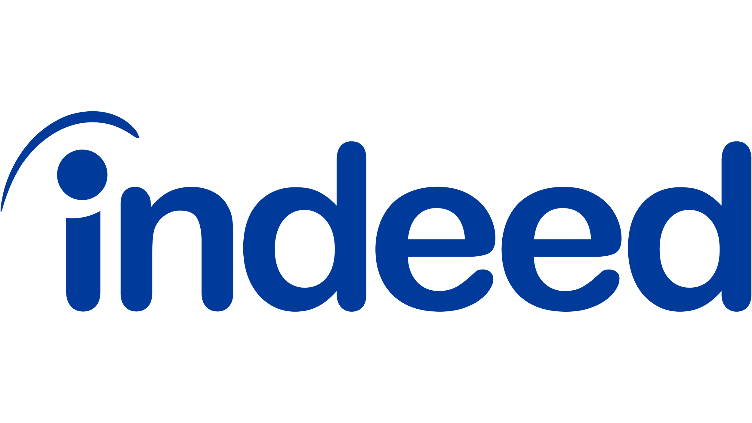 Indeeds logo featuring the word 'indeed' in blue lowercase letters with a curved line arc above the letter i.