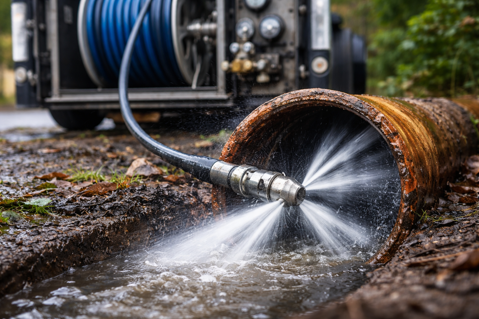 A pipe is being washed out with a high-pressure water hose connected to a water truck, on muddy ground with leaves and greenery in the background.