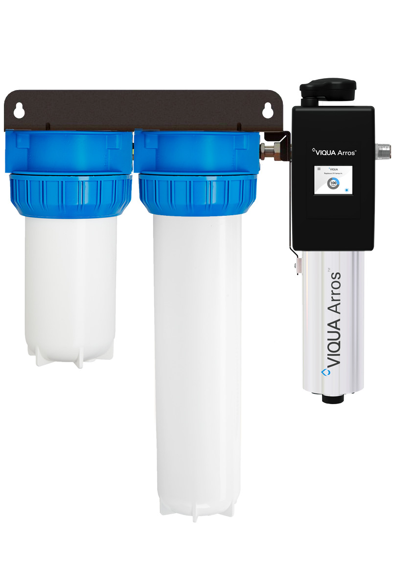 A reverse osmosis water filtration system with two blue filter housings and a digital control unit labeled 'Viqua ArRos'.
