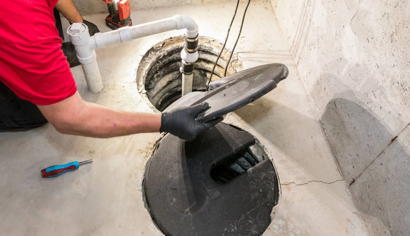Person in a red shirt and black gloves inspecting a maintenance access hatch in a concrete floor, with plumbing pipes visible