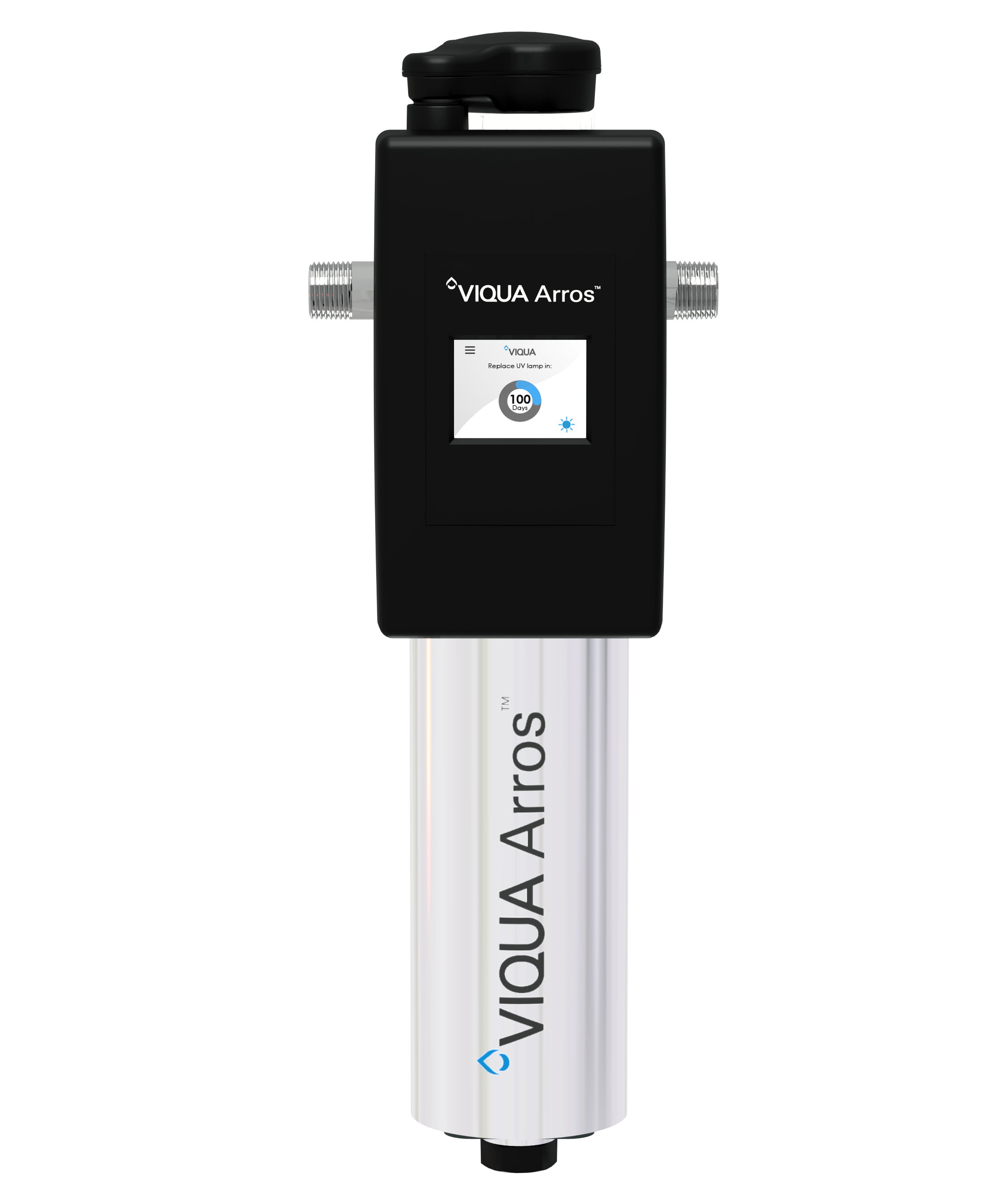 Water filtration device labeled 'VIQUA Arros' with touch screen display and two metal inlet/outlet fittings.