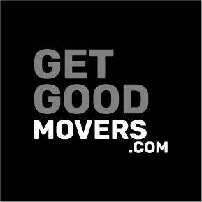 Text logo with the words 'GET GOOD MOVERS .COM' in gray and white on a black background.