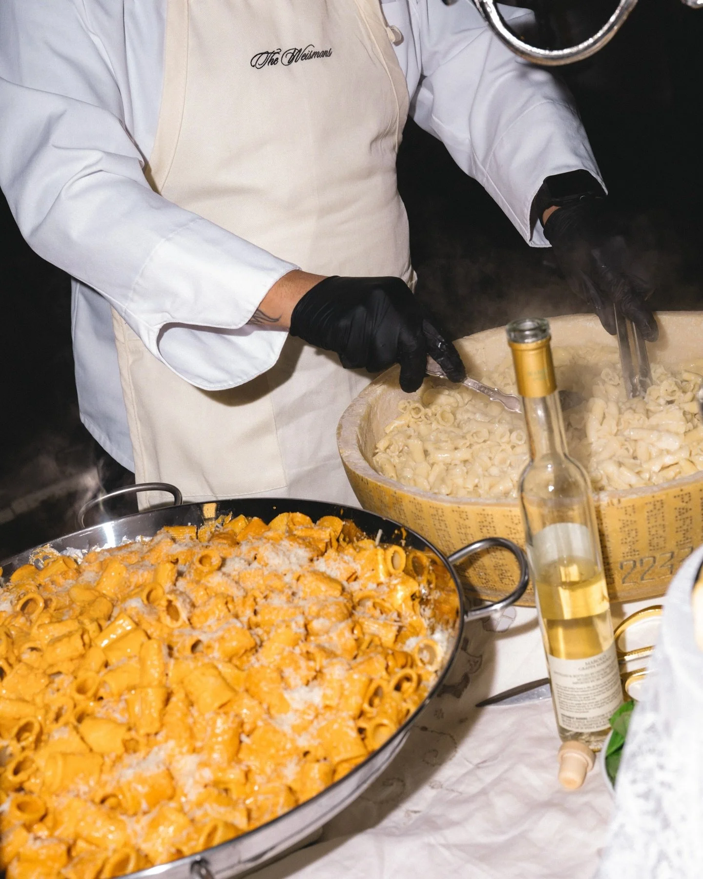 Spicy vodka pasta and cacio e pepe served straight from a Parmesan cheese wheel. Talk about dinner and a show.