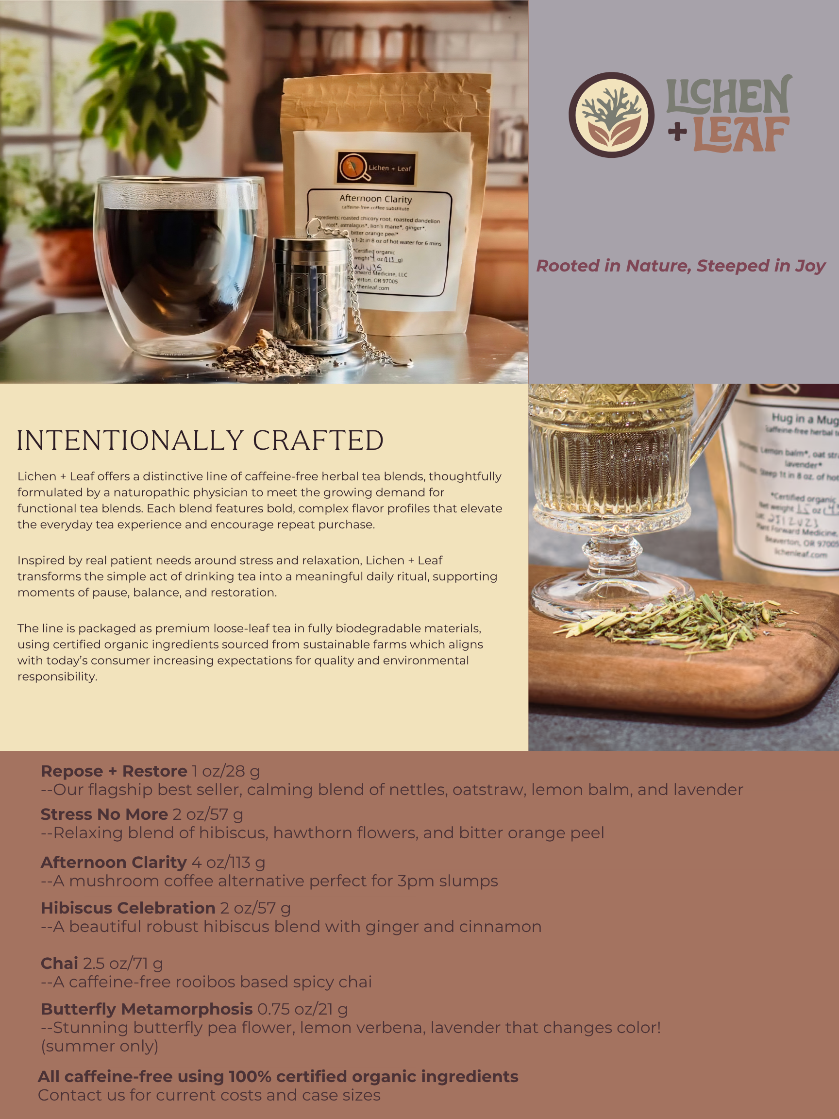 A promotional display for Lichen + Leaf herbal tea blends. The image features a jar of brewed tea in a double-walled glass cup, a package of Afternoon Clarity tea, a metal tea infuser, and a small pile of loose tea leaves on a wooden surface. The background includes a blurred cozy kitchen setting with natural lighting.